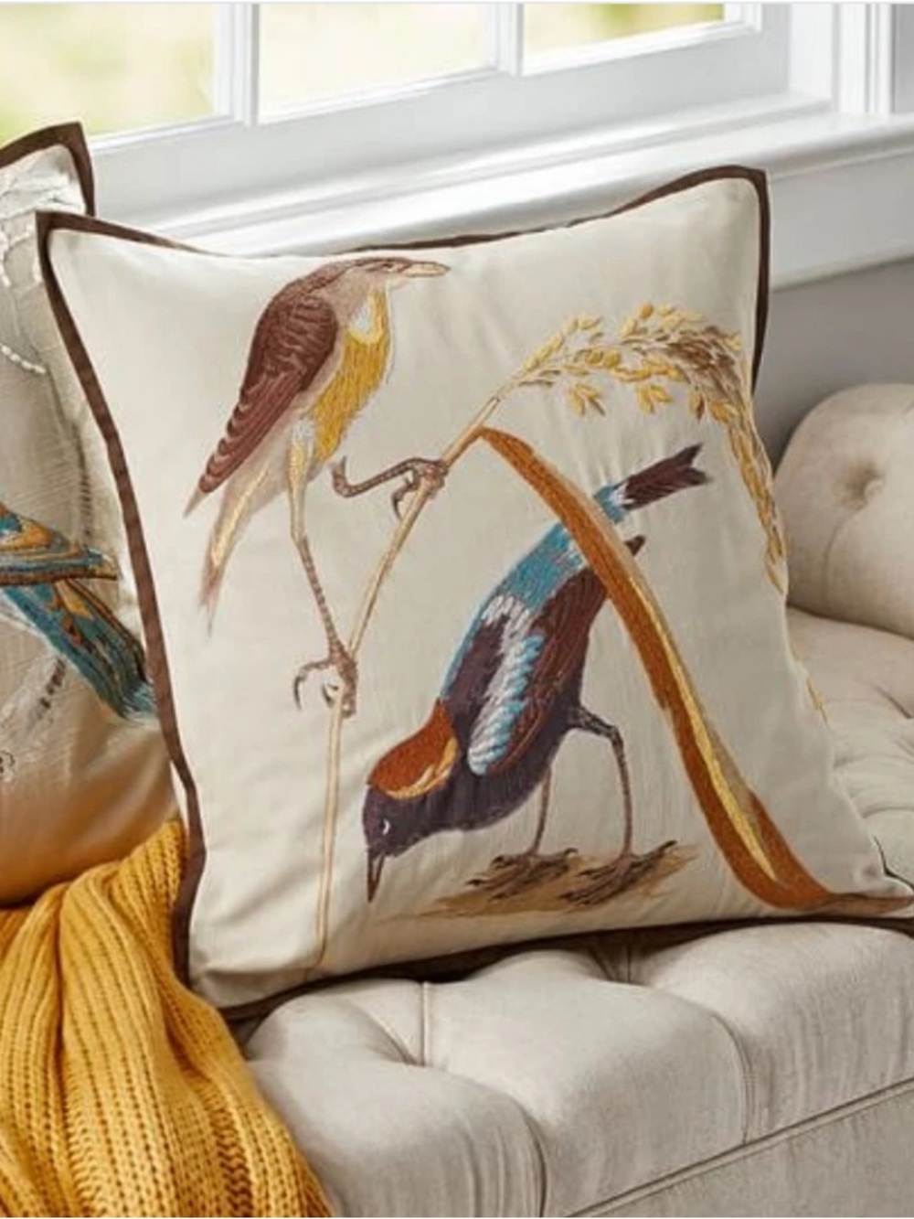 Pottery Barn Cream Pillow with Multicolor Embroidered Birds